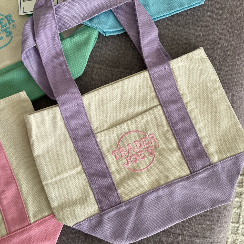 Trader Joe's Pastel Canvas Mini Tote Bag - Pink, Green, Blue, Lavender set of 4 - Picture 3 of 9